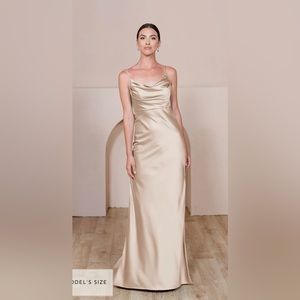 Revelry size 4 gold champagne sky satin dress (model 5’5”)